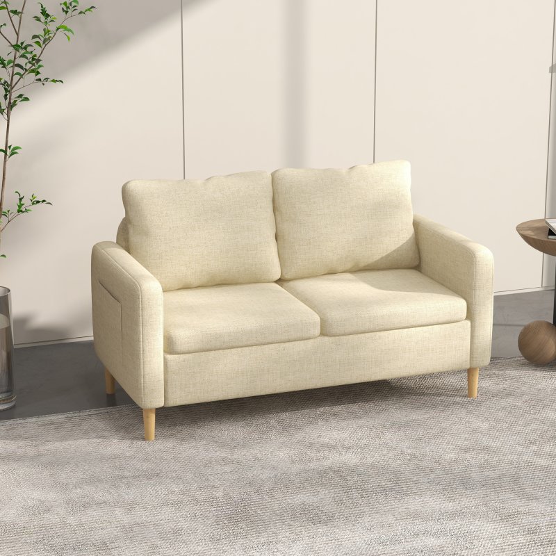 HOMCOM Two Seater Sofa for Living Room, Modern Fabric Couch with Wood Legs and 2 Pockets for Bedroom and Home Office