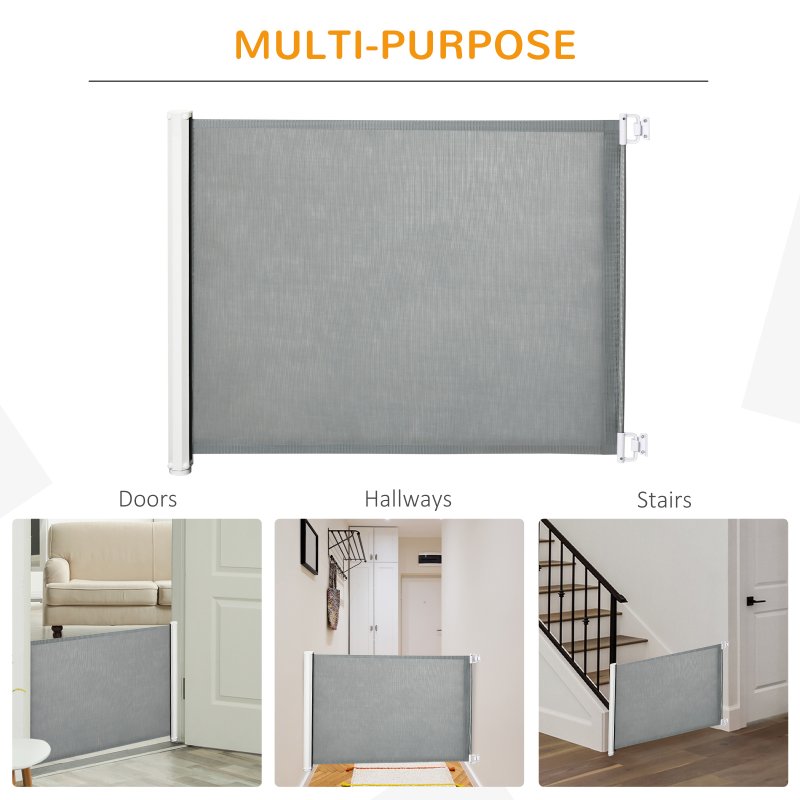 PawHut Retractable Stair Gate for Dogs, Pet Mesh Safety Gate Extends up to 115cm for Doorways Indoor- Grey