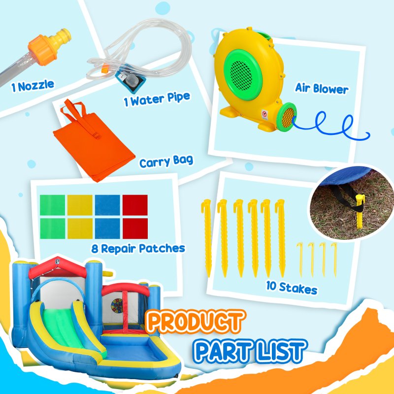AIYAPLAY Bouncy Castle, Inflatable Bounce House with 550W Blower, Basketball Hoop, Long Slide, Dart Board, Carrying Bag, for Party, Park, Ages 3-8, 385 x 290 x 180 cm