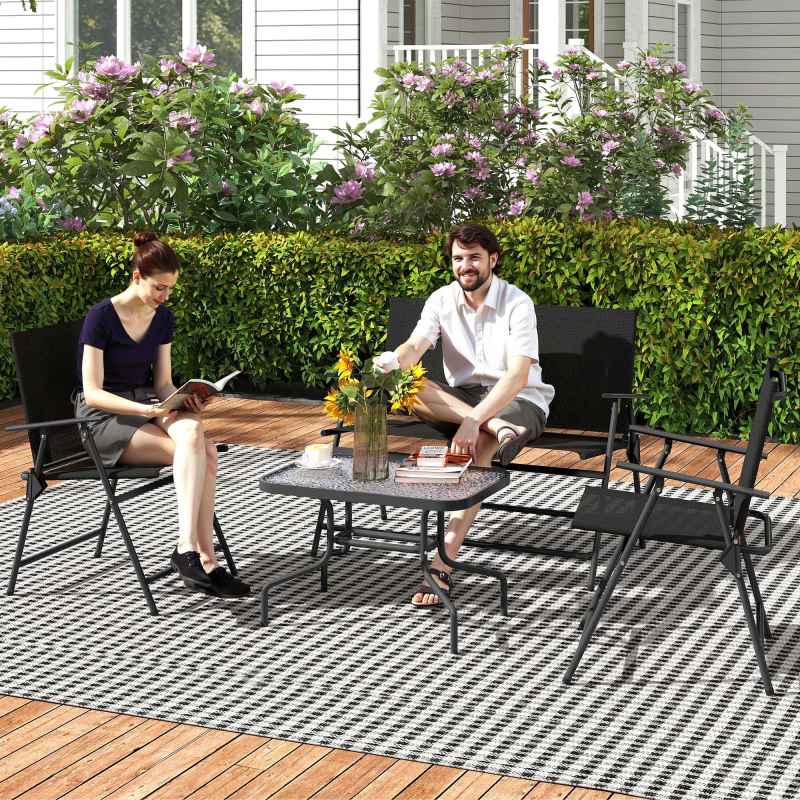 Outsunny Outdoor?4 Pieces Patio Furniture Set with Breathable Mesh Fabric?Seat & Backrest,?Garden Set with Two Foldable Armchairs, a Loveseat &?Glass?Top?Table, Black