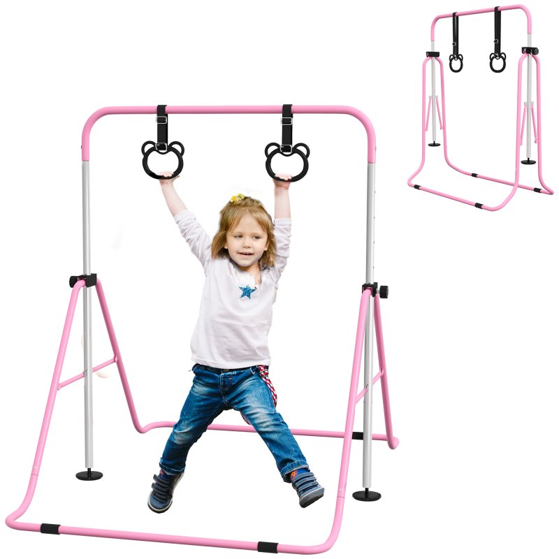HOMCOM Kids Gymnastics Bar, Horizontal Bar for Kids, Adjustable Height Folding Gymnastics Equipment with Gymnastic Rings, Non-slip Rubber Floor Rings, for Home, Flat, Pink