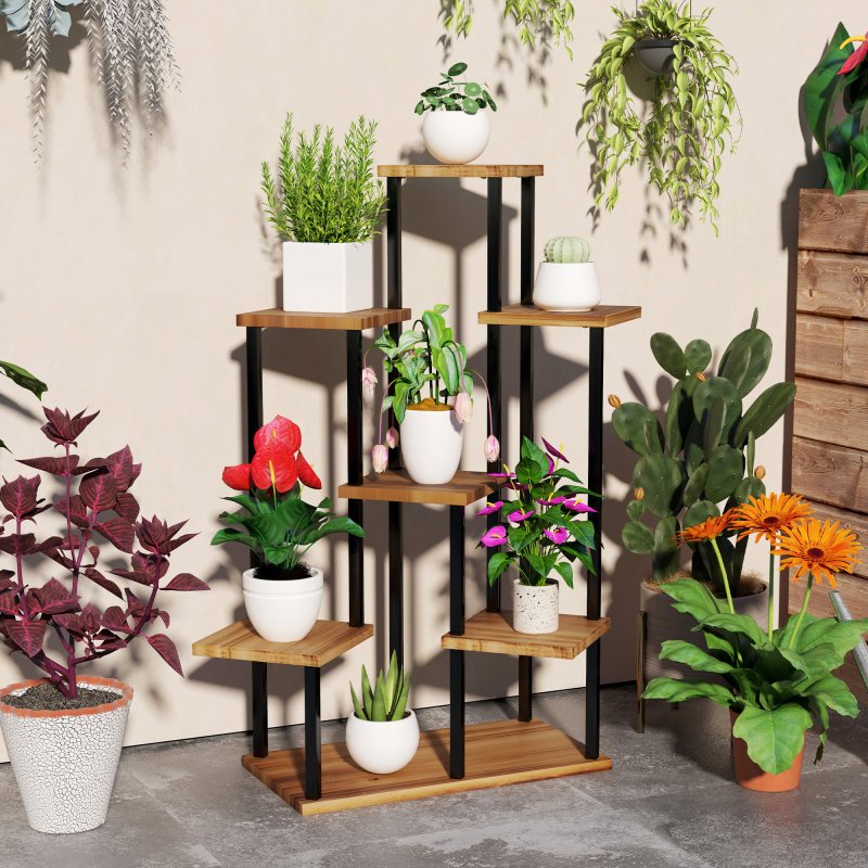 Outsunny 5 Tier Plant Stand Indoor Outdoor, Tiered Corner Steel Wood Plant Shelf for Multiple Plants, Tall Flower Stand Display Rack for Garden Patio Balcony Living Room, Carbonised Finish