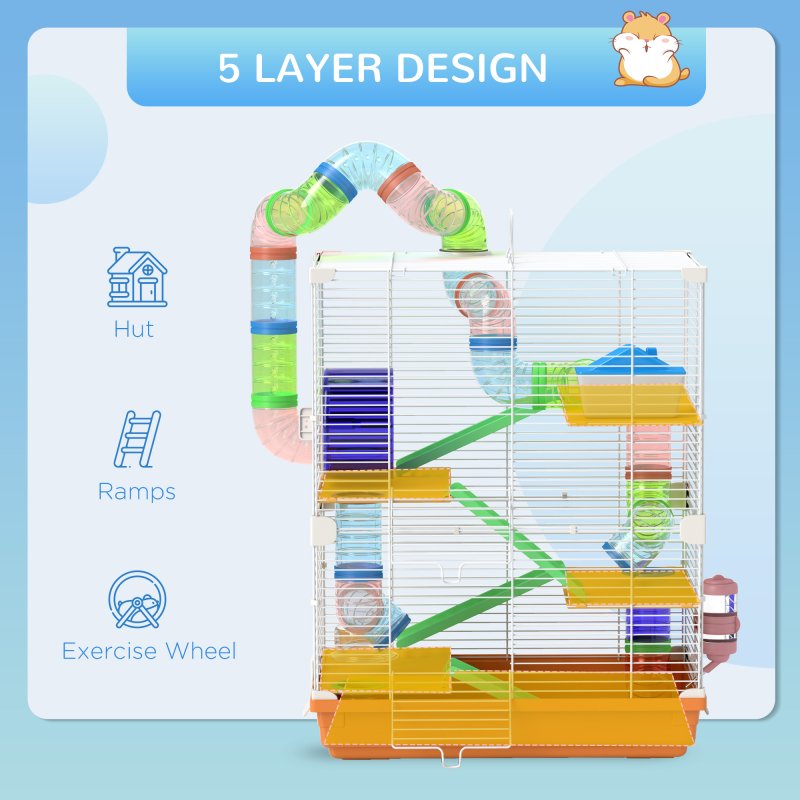 Pawhut 5 Tier Hamster Cage, Gerbil Cage with Tube Exercise Wheels, Tunnel, Water Bottle, Dishes, 58H x 46L x 30Wcm, Orange