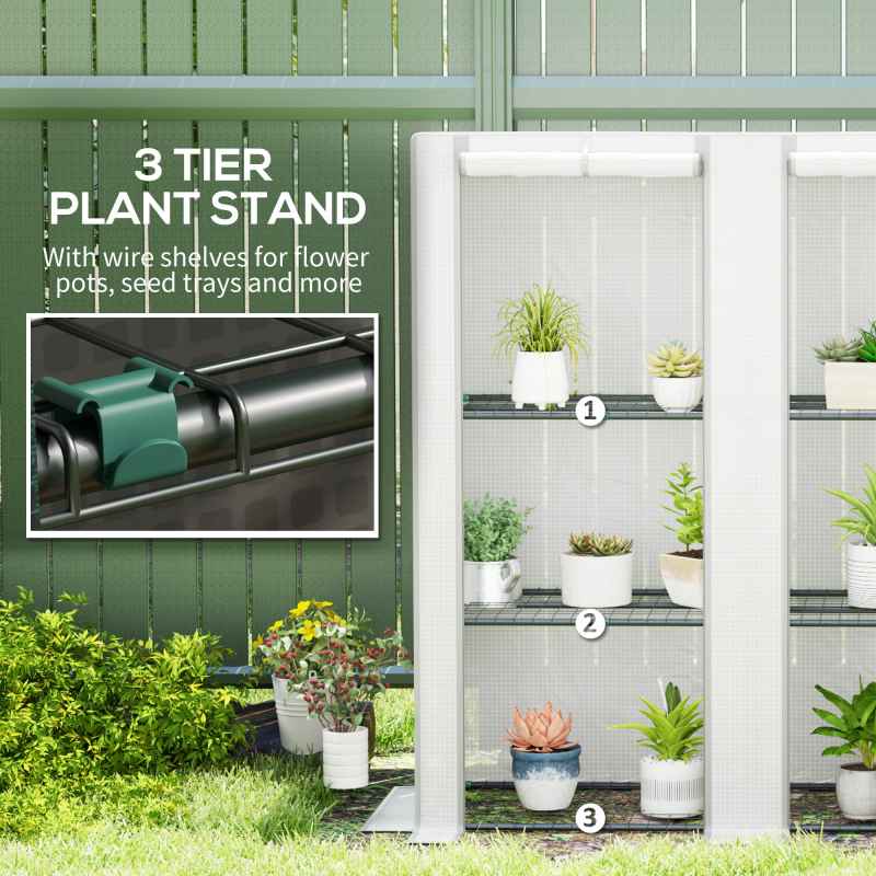 Outsunny 3 Tier Lean-to Mini Greenhouse with Reinforced PE Cover, Portable Small Greenhouse with Roll-Up Door, Grey Hemmed Edging, 144 x 48 x 152cm, White