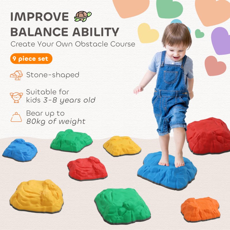 AIYAPLAY Balance Stepping Stones for Kids, 9-Piece River Stones with Non-Slip Bottom, Indoor Outdoor Sensory Obstacle Course for Ages 3-8 Years, Multicoloured