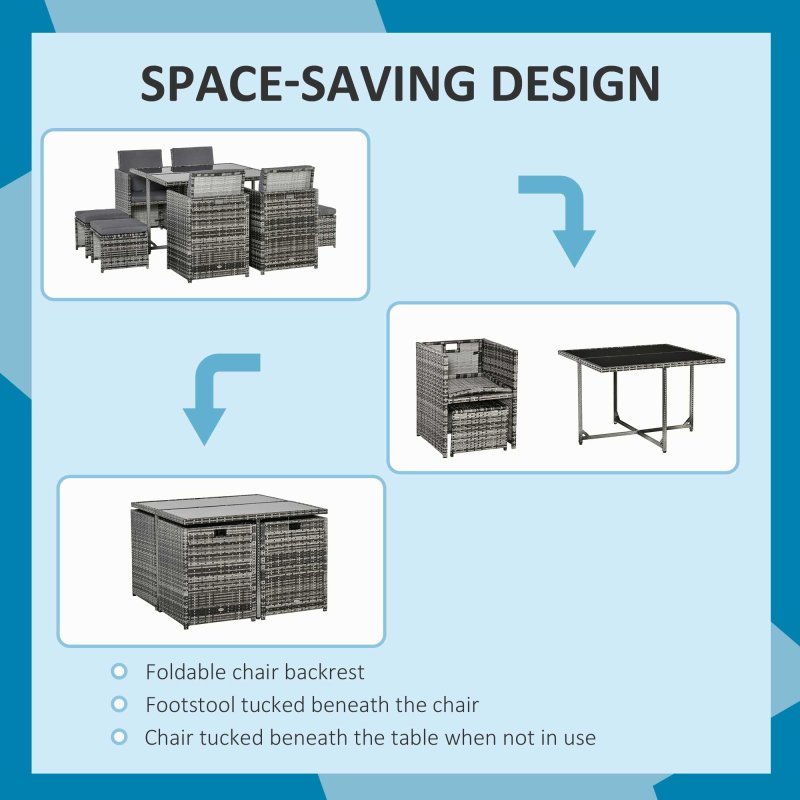 Outsunny 8 Seater Rattan Cube Garden Furniture Set, Rattan Dining Set with Cushions, Outdoor Dining Table and Chairs with 4 Armchairs, 4 Stools, Square Glass Top Table, Mixed Grey