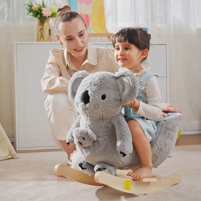 HOMCOM Kids Toddler Rocking Horse Plush Ride On Koala Rocker Wooden Base Seat Safety Belt w/ Gloved Doll Toy for 18-36 Months Grey