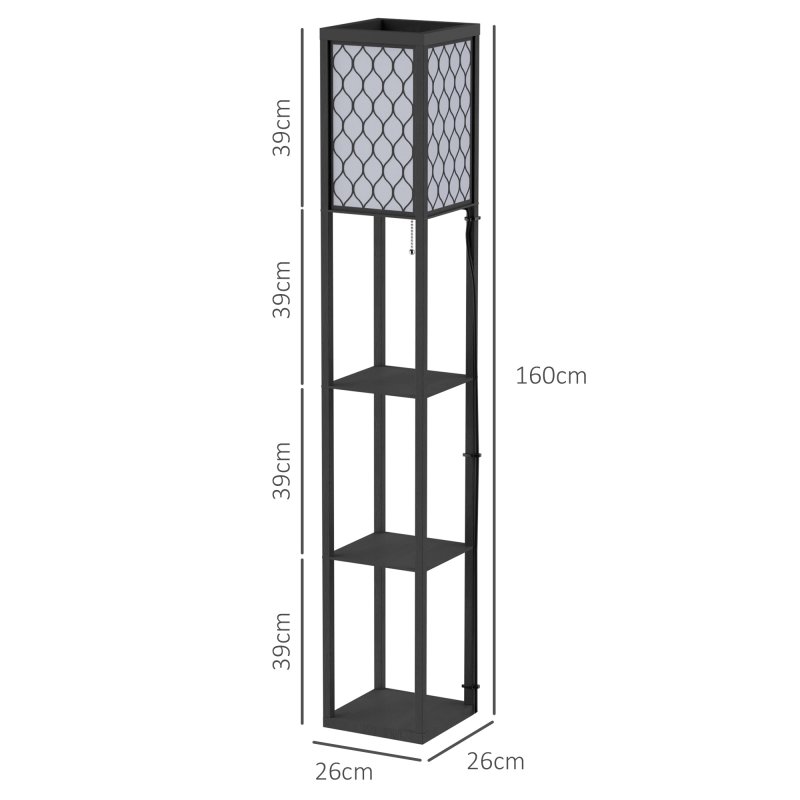 HOMCOM Modern Shelf Floor Lamp Light with Three Open Shelves Large Storage Display, for Living Room, 160cm, Bulb not Included, Black