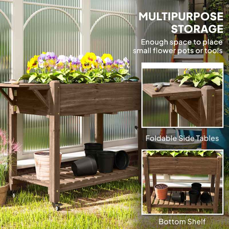 Outsunny Raised Garden Bed, Wooden Elevated Planter Box with Lockable Wheels, Side Tables and Bottom Shelf, Outdoor Planter with Liner and Drainage Holes for Vegetables, Flowers, Fruits, Carbonised
