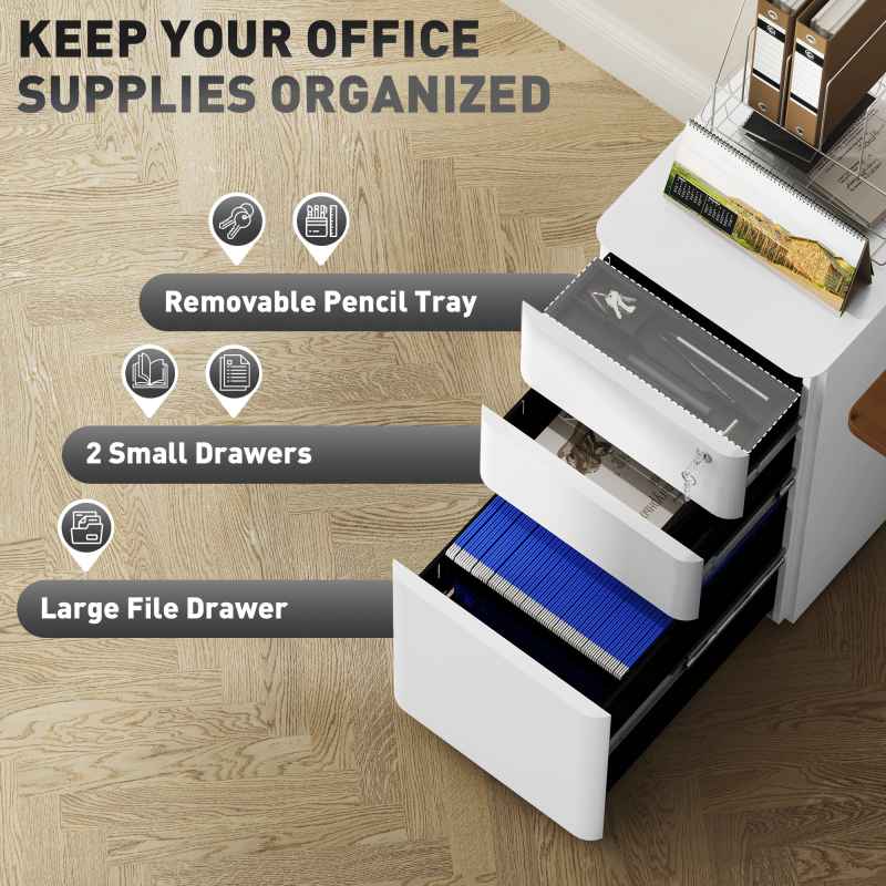 Vinsetto 3-Drawer Mobile Filing Cabinet, Steel Lockable File Cabinet for A4, Legal, Letter, Compact Under Desk Storage Unit with Pre-Assembled Body for Home Office, 30 x 45 x 59cm, White
