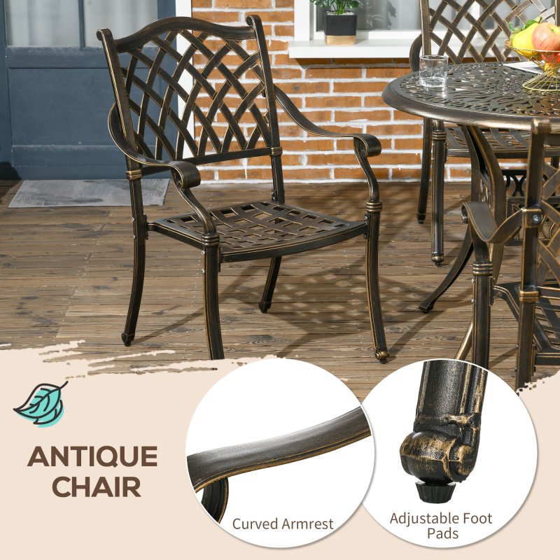 Outsunny 5-Piece Outdoor Furniture Dining Set, Cast Aluminum Conversation Set Includes 4 Chairs and 90cm Round Table with 50mm Umbrella Hole for Patio Garden Deck, Flower Design