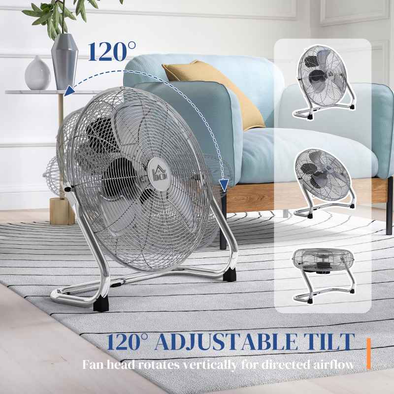 HOMCOM 20 Inches Chrome Metal Floor Fan, High Velocity 3-Speed Home Gym with Adjustable Head, Portable Desk & Table Fan Air Circulator for Home Office, Powerful Airflow, Quiet Operation