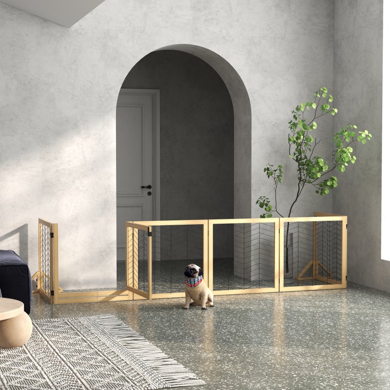 PawHut Freestanding Pet Gate, 8 Panels Dog Playpen, Foldable Dog Barrier with 2 Pcs Support Feet, for House, Doorway, Stairs, Small and Medium Dogs - Natural Wood