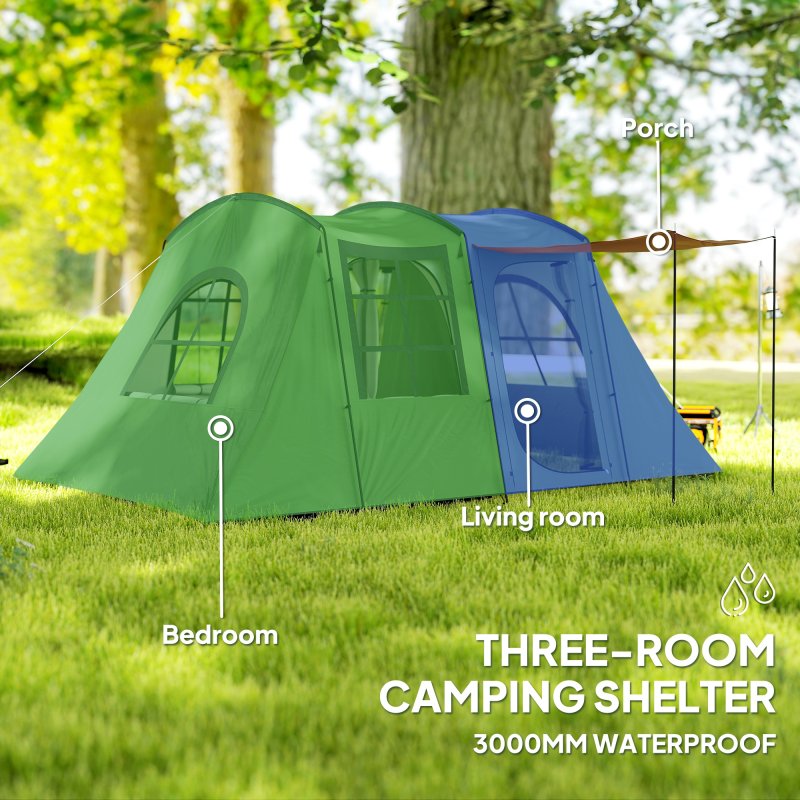 Outsunny 4 Man Tunnel Tent, Family Camping Tent with Porch, Bedroom and Living Area, Sewn in Groundsheet, 3000mm Waterproof, Portable with Bag for Hiking, Festival, Backpacking, Green