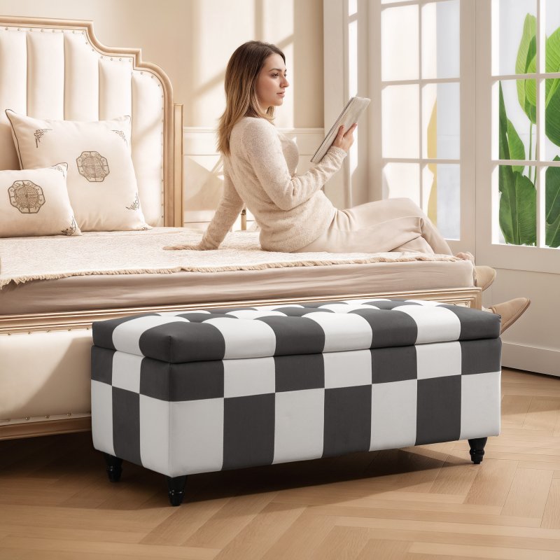 HOMCOM 114 x 47 x 47cm Velvet Storage Ottoman, Button-tufted Footstool Box, Toy Chest with Lid for Living Room, Bedroom