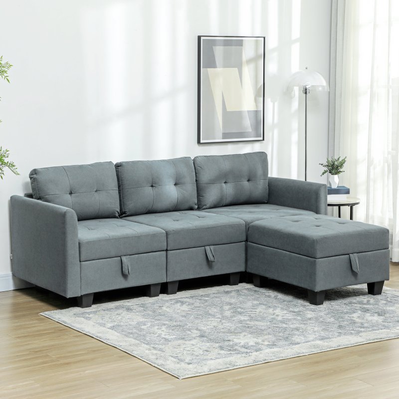 HOMCOM Convertible Modular Sectional Sofa with Storage, Tufted 3 Seater Sofa Set, L Shaped Couch with Ottoman, Wood Frame for Living Room, Dark Grey