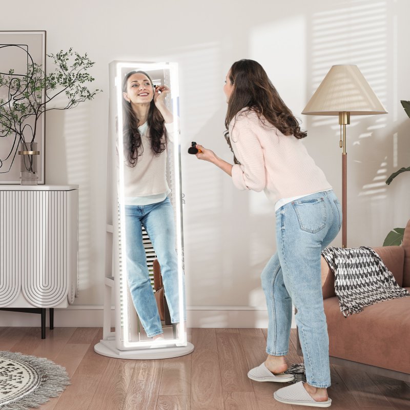 HOMCOM 360 Swivel Mirror Jewellery Cabinet with 3 Colour LED Lights, Lockable Jewellery Organiser, Free Standing Full Length Mirror with Storage for Earrings, Necklaces, Rings and Lipsticks, White