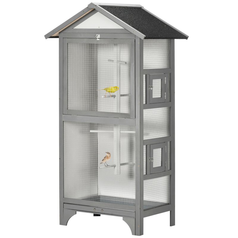 PawHut Wooden Bird Cage Budgie Cage Outdoor for Finch, Canary w/ Slide Tray, Asphalt Roof - Grey