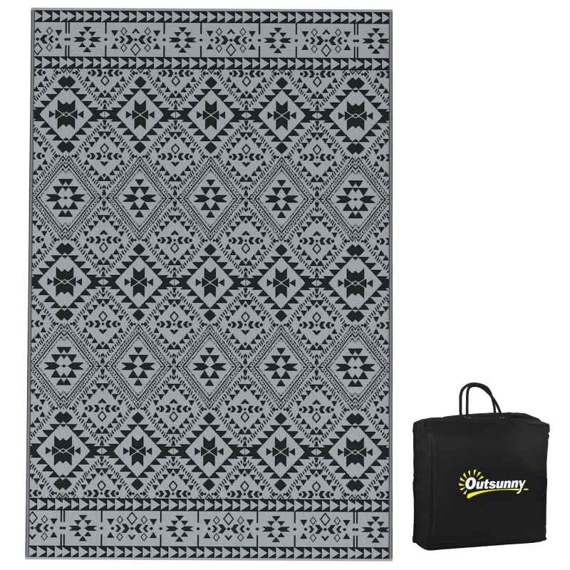 Outsunny Reversible Outdoor Rug with Carry Bag, Waterproof Plastic Straw Mat for Garden, Deck, RV, Picnic, Beach, Camping, 182 x 274cm, Black and Grey