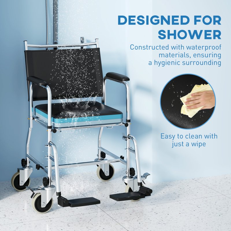 HOMCOM Rolling Shower Chair with Wheels, Bedside Commode Wheelchair with Padded Seat, Backrest, for Seniors, Adults, Injured or Disabled, Black