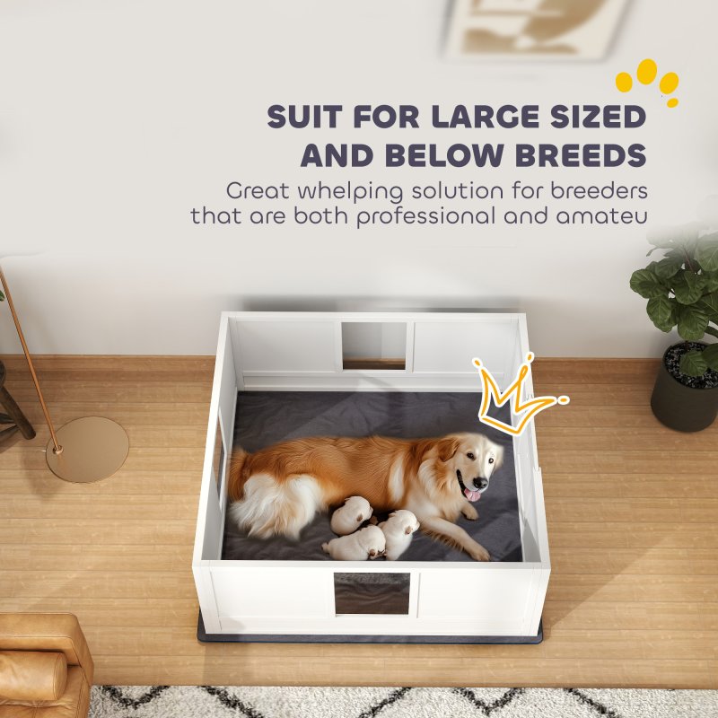 PawHut Whelping Box for Dogs, Dog Whelping Box Dog Playpen Fence Exercise Play Pen with Waterproof Washable Whelping Pad, Adjustable Entrance, Non-Slip Pads, for Large Dogs and Puppies, 124 x 120cm