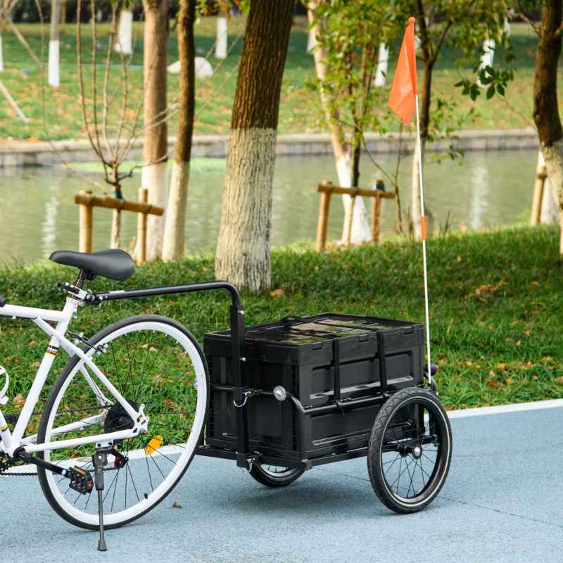 HOMCOM Bike Trailer, Bicycle Cargo Trailer Wagon Cart with 65L Foldable Storage Box, Pneumatic Tyres and Safe Reflectors, Max Load 40KG, Black