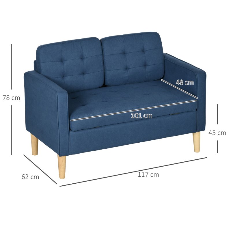 HOMCOM Modern 2 Seater Sofa with Hidden Storage, 117cm Tufted Cotton Couch with Wood Legs, Compact Loveseat for Living Room, Kitchen