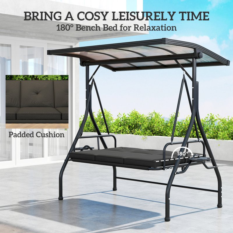 Outsunny 3 Seater Garden Swing Seat Bed with UPF30+ Adjustable Canopy, Convertible Swing Chair with Cushion, Outdoor Hammock Bench with Cup Trays for Balcony Patio, Black