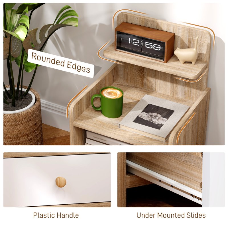 HOMCOM Bedside Table, Bedside Cabinet with Drawer, Modern Side Table with Shelf for Bedroom, Living Room, Natural Wood Effect