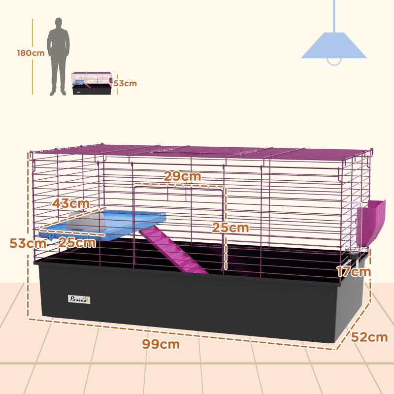 PawHut Guinea Pig Cage Chinchillas Rabbit Small Animal Cage with Ramp, Dish, Water Bottle, 99 x 52 x 53cm, Black