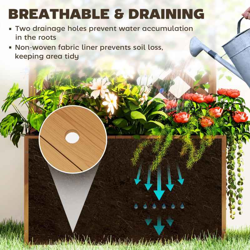 Outsunny Wooden Planter with Trellis, Freestanding Raised Garden Bed with Drainage Holes, Outdoor Planter Box with Liner for Vegetables, Herbs and Flowers, Natural