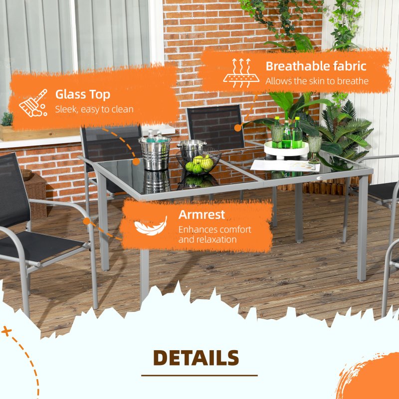 Outsunny 7 Piece Garden Dining Set, Outdoor Table and 6 Stackable Chairs, Steel Frame, Tempered Glass Top Table, Mesh Seats, Black