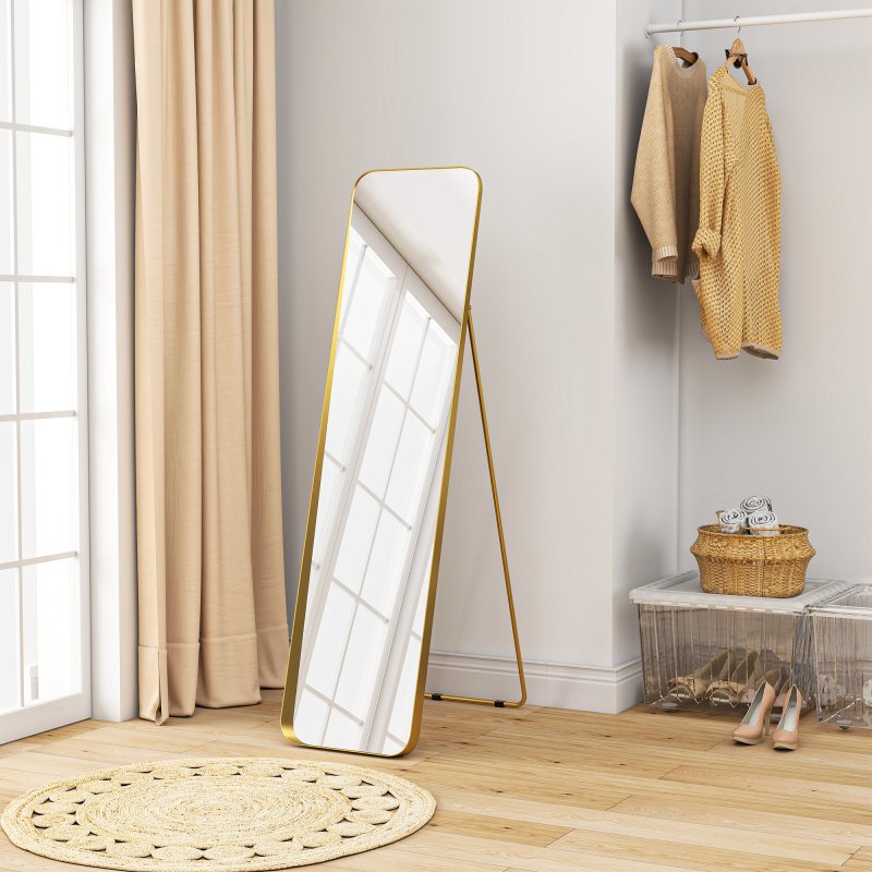 HOMCOM Full Length Mirror, 40 x 160 cm, Rectangular Full Body Mirror with Curved Corners for Bedroom, Living Room, Cloakroom, Floor Standing or Leaning Against Wall, Gold Tone