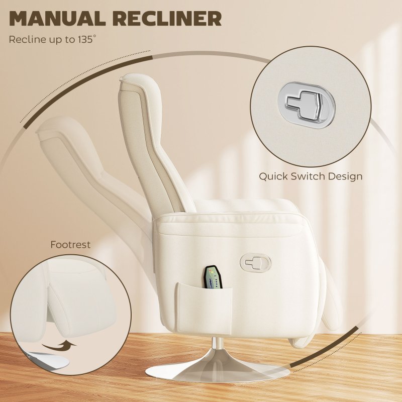 HOMCOM Massage Recliner Chair with Footstool, Upholstered Reclining Armchair with Adjustable Backrest and Steel Frame, Breathable Linen Fabric Swivel Chair for Living Room, Bedroom, Cream White