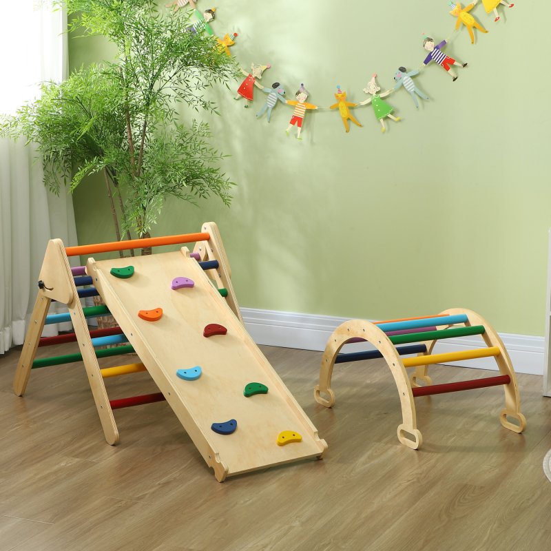 AIYAPLAY Toddler Climbing Frame, 5 In 1 Wooden Indoor Climbing Frame with Ramp, Arch, Foldable Pikler Triangle Set for Kids 18-48 Months, Multicoloured