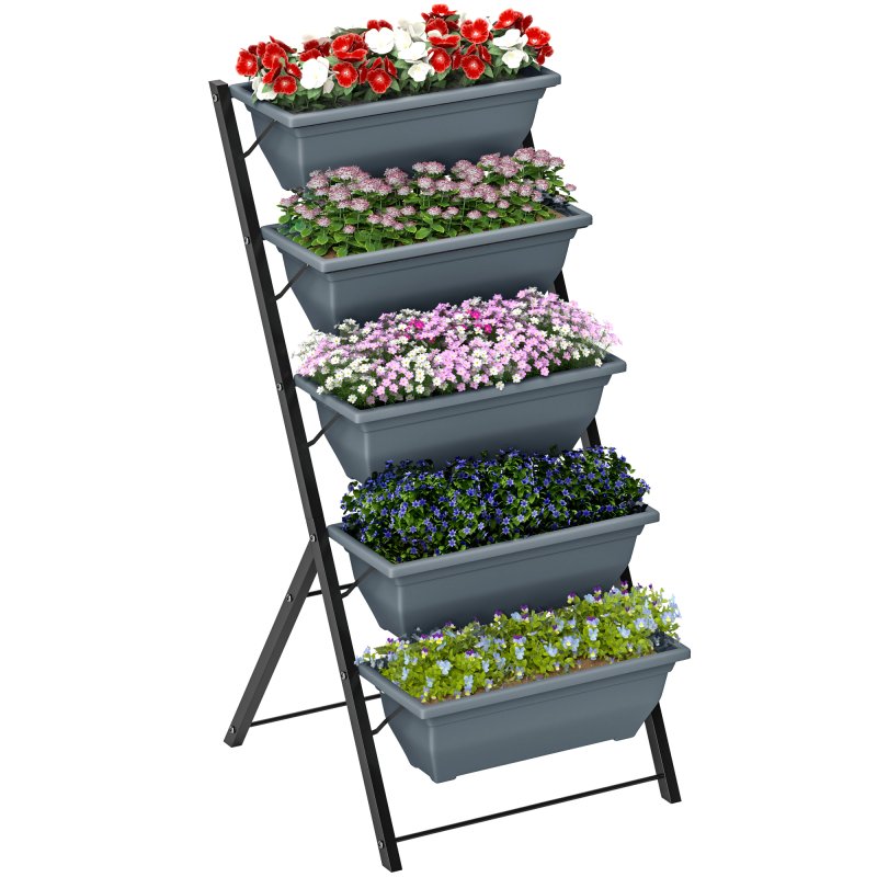 Outsunny 5-Tier Raised Garden Bed, Vertical Ladder Plant Stand with 5 Removable Boxes, Drainage Holes and Plugs, Indoor Outdoor Elevated Flower Herb Growing Box for Garden Patio Balcony, Grey