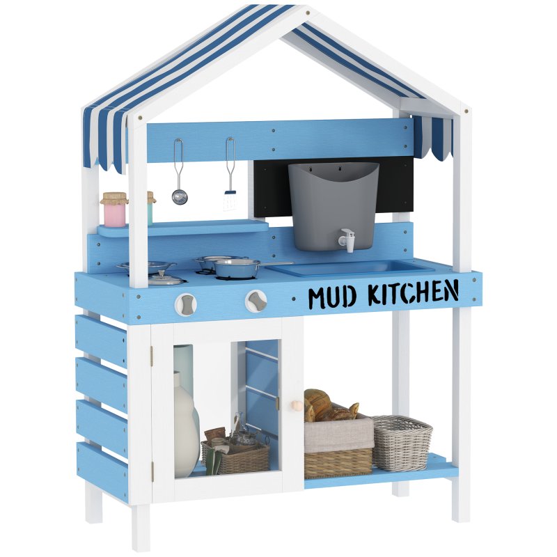 AIYAPLAY Kids Mud Kitchen, Outdoor Play Kitchen with Stoves, Sink, Faucet, Storage Shelves, Cookware Accessories, Pretend Wooden Kitchen Playset for Boys Girls, Blue