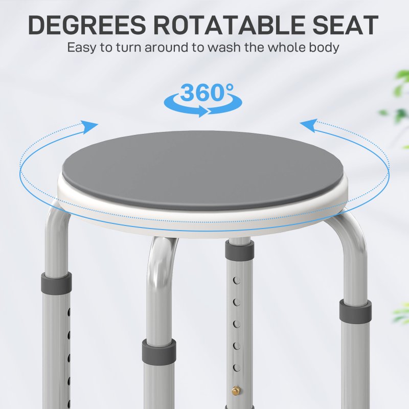 HOMCOM 360° Swivel Seat Bath Shower Stool, Adjustable Height Shower Chair with Aluminium Frame Non-Slip Feet Chair Safe Support Home Assistance, Grey