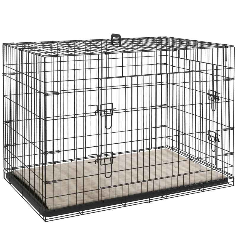 PawHut Dog Crate, Folding Metal Dog Cage with Two Doors, Tray, Soft Cushion, for Extra Large Dogs, 105 x 70 x 75 cm, Black