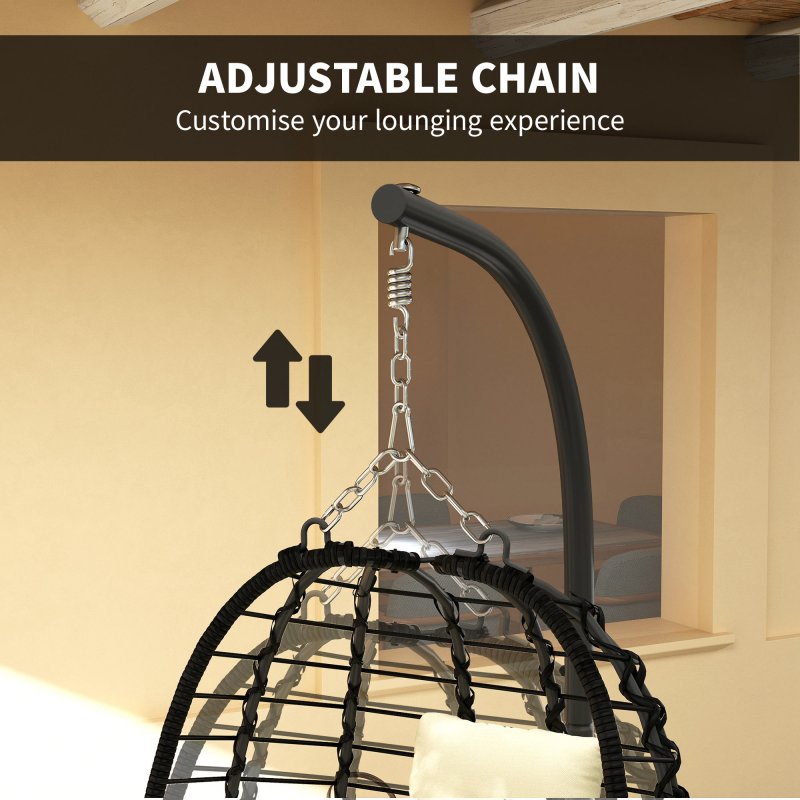Outsunny Rattan Hanging Egg Chair, Foldable Wicker Hammock Swing Chair with Cushion, Stand, Adjustable Height, Head Pillow, Steel Frame for Garden Patio Indoor Outdoor, Cream White