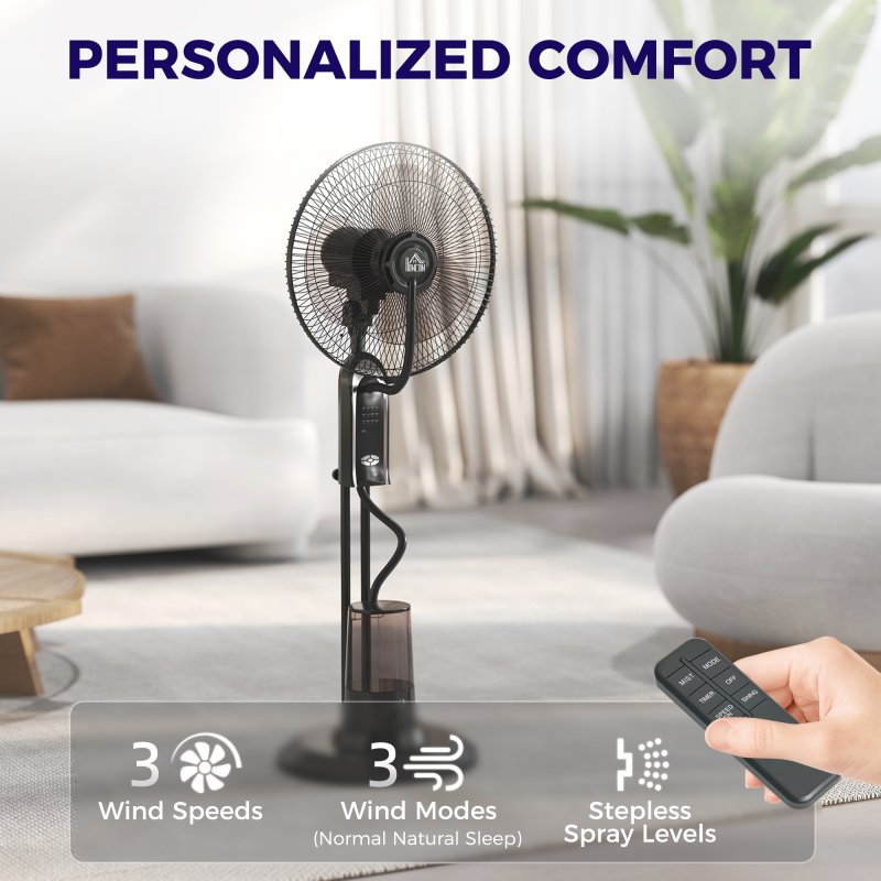 HOMCOM Pedestal Fan with Water Mist Spray, Spray Misting Fan with 70° Oscillation, Tilt Head, 3 Speeds, 3 Modes, Adjustable Mist, 3.2L Water Tank, for Home, 120 cm