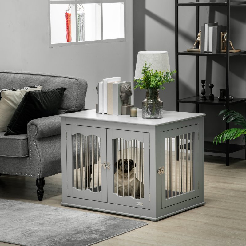 PawHut Dog Crate End Table with Three Doors, Furniture Style Dog Crate with Interchanged Side Door, for Medium Dogs, Indoor Use w/ Locks and Latches - Grey