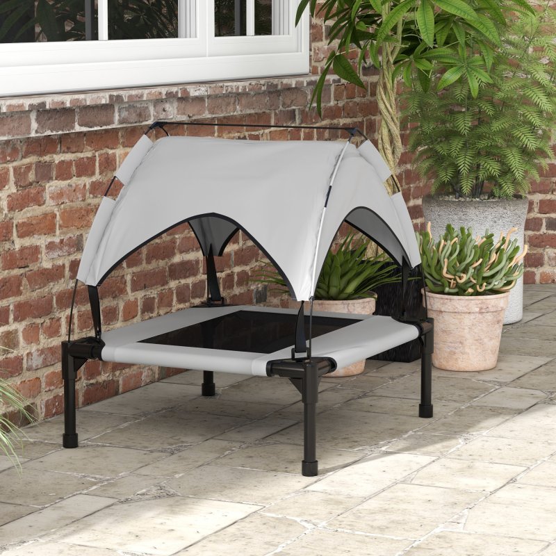PawHut Cooling Raised Dog Bed, Elevated Pet Bed with Breathable Mesh, UV Protection Canopy, Foot Pads, for Indoor Outdoor, Small, Medium Dogs, 76 x 61 x 69.5cm - Light Grey
