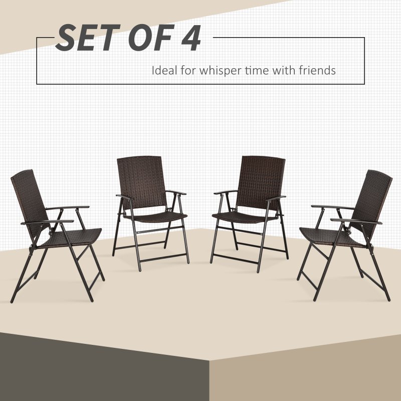 Outsunny Folding Garden Chairs Set of 4, PE Rattan Garden Dining Chairs with Armrests, High Back and Steel Frame, Weather Resistant Outdoor Dining Furniture for Patio, Balcony, Brown