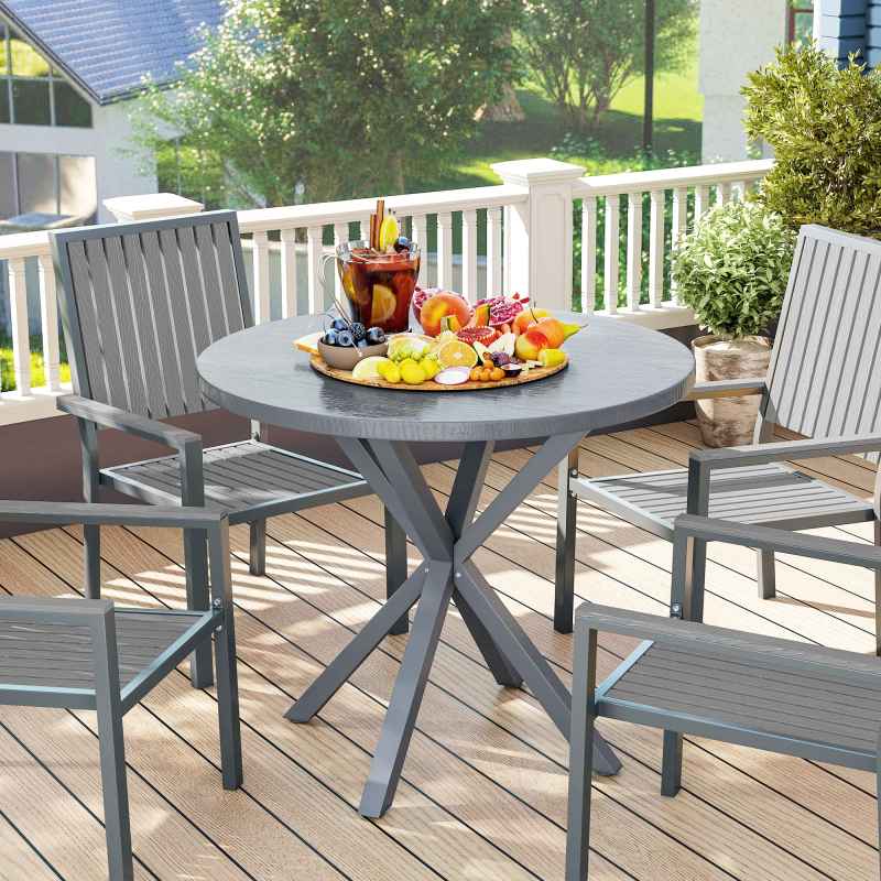 Outsunny Garden Table, 85cm Round Outdoor Dining Table with Steel Frame, Wood Effect Top, for Balcony, Deck, Dark Grey