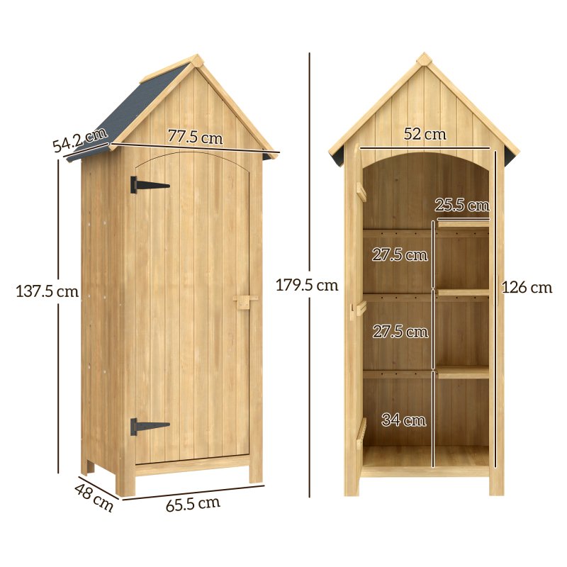 Outsunny Small Shed, Wooden Garden Storage Shed with 3 Shelves, Outdoor Tool Storage Cabinet with Tilt Roof and Lockable Door, 77.5 x 54.2 x 179.5 cm, Natural