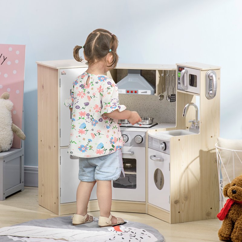 HOMCOM Kids Kitchen Playset Pretend Toy Kitchen w/ Role Play Accessories, Sound and Light Effects, Phone, Storage Space