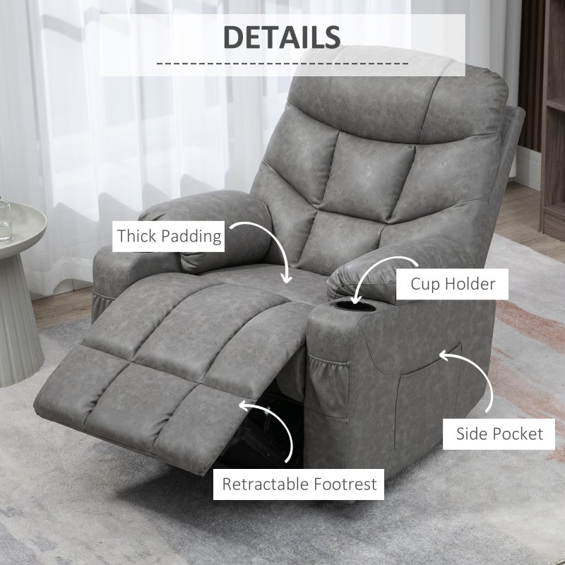 HOMCOM Recliner Armchair, Swivel PU Leather Manual Reclining Chair with Adjustable Leg Rest, Drink Holders, Side Pockets, Rocker Chair for Home Living Room, Light Grey
