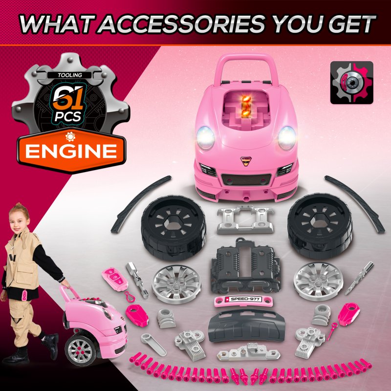 HOMCOM Kids Truck Engine Toy Set Toddler Educational Car Service Station w/ RC Car Key Steering Wheel Horn Light, Mechanic Gifts for Ages 3-5 Years - Pink