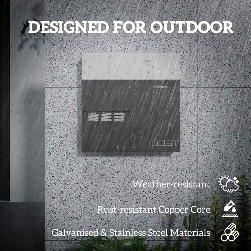 HOMCOM Wall Mounted Post Box with Viewing Window, 2 Lock, Modern Galvanised Steel Mailbox with Copper Core, Weatherproof Letterbox for Outdoor Use, Easy to Install, Charcoal Grey